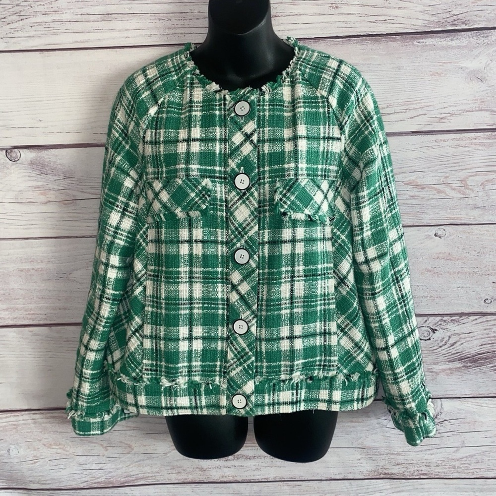 Cabi Library Jacket Green Plaid Tweed Cropped Button Front Jacket Size M
